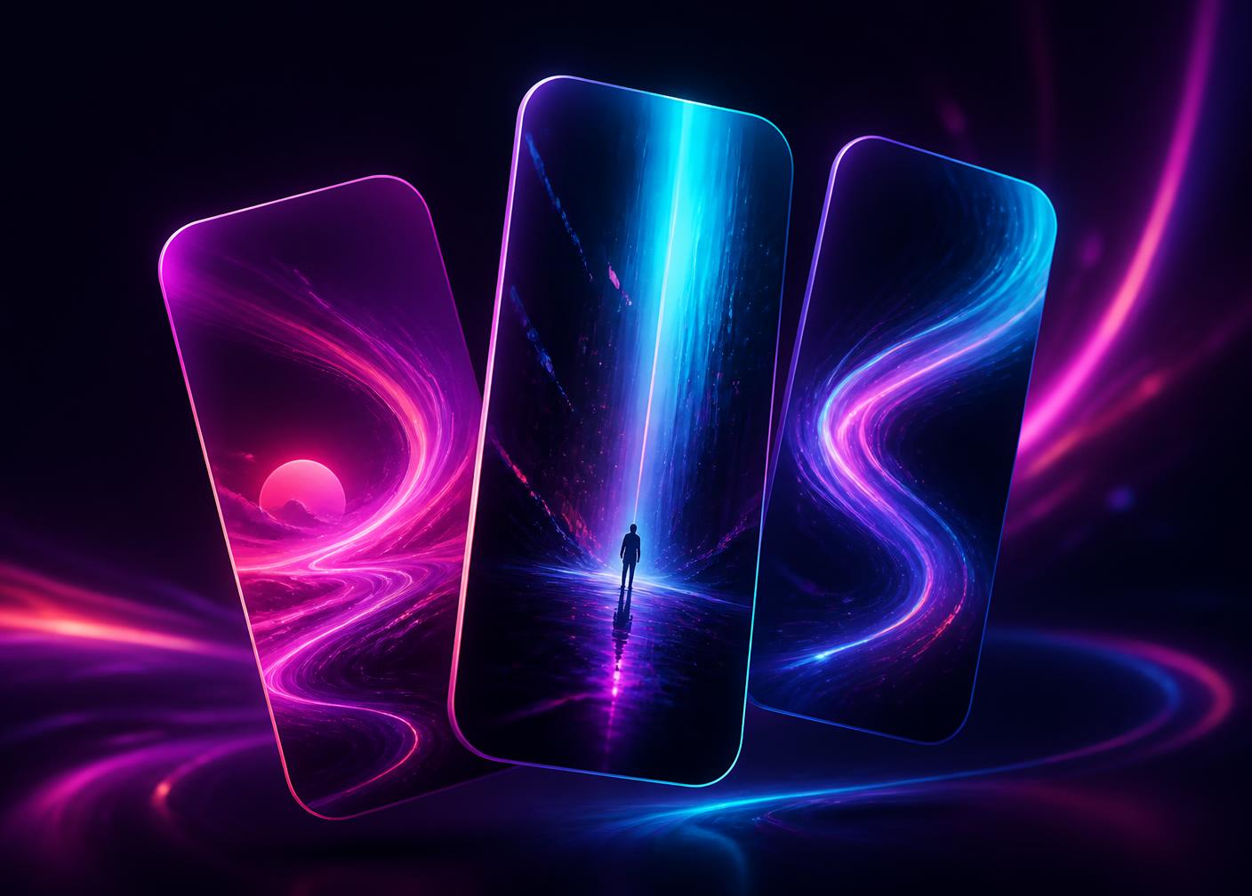 Vibzo vertical video screens glowing in magenta and cyan